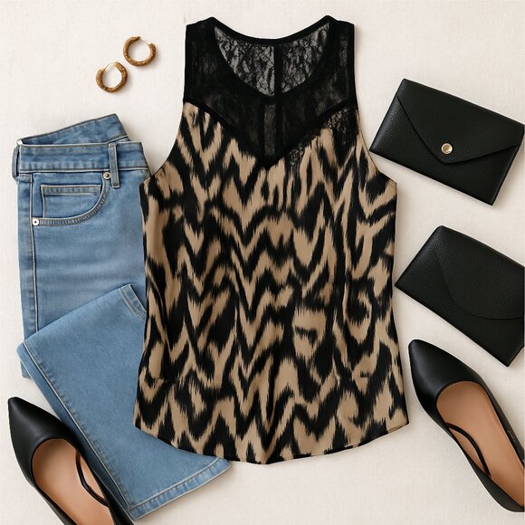 ASTR Animal Print Lace Trim Tank Top Black Tan Modern NightOut Medium - Picture 2 of 9